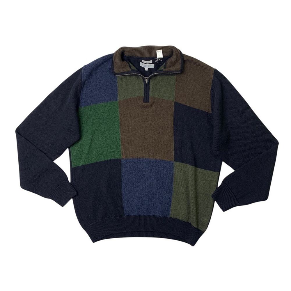 Alex Cannon Sweater Mens L Large Navy Wool Blend Italian Yarn Colorblock 1/4 Zip - Picture 1 of 9